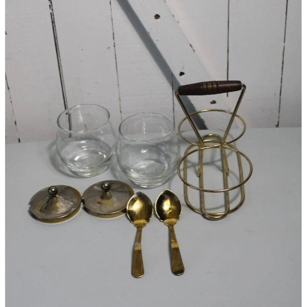Mid Century Condiment Set Wire Rack Libby Glass Lid/Spoons, Jam, Relish Sauces